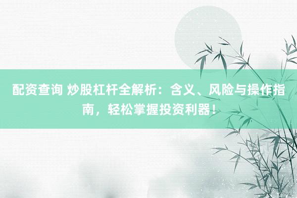 配资查询 炒股杠杆全解析：含义、风险与操作指南，轻松掌握投资利器！